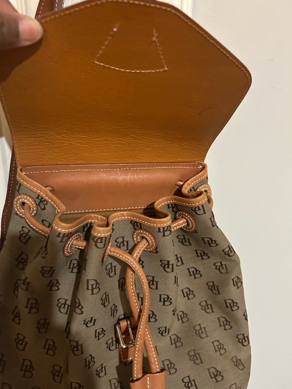 Dooney & Bourke Tan Leather and Olive Canvas Backpack - Picture 3 of 4